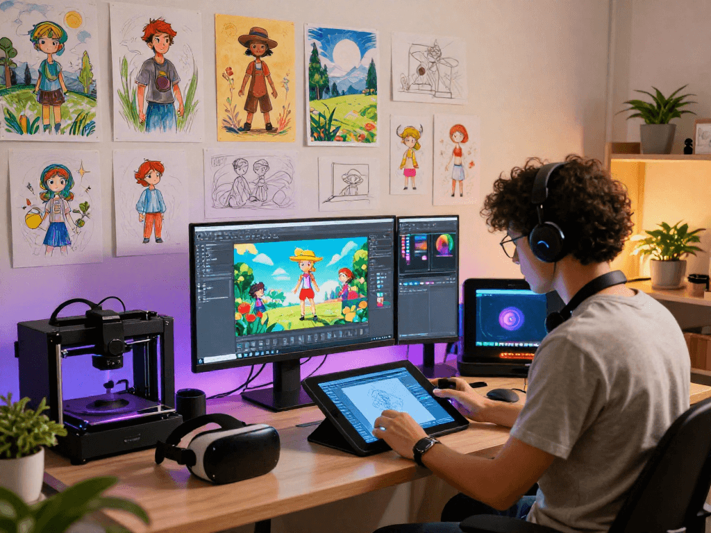 Dynamic digital art studio showcasing vibrant creativity with 18+ ai technologies in action.
