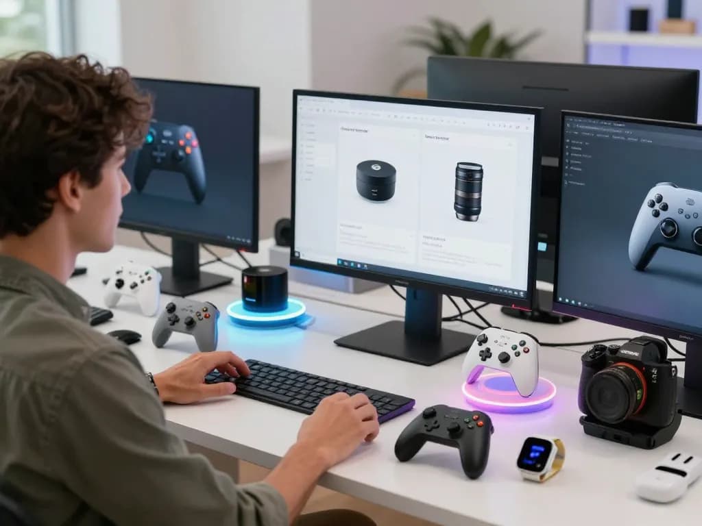 Showcasing latest tech gadgets 2098 in a modern workspace with Bluetooth devices, vibrant lighting, and tech enthusiast.