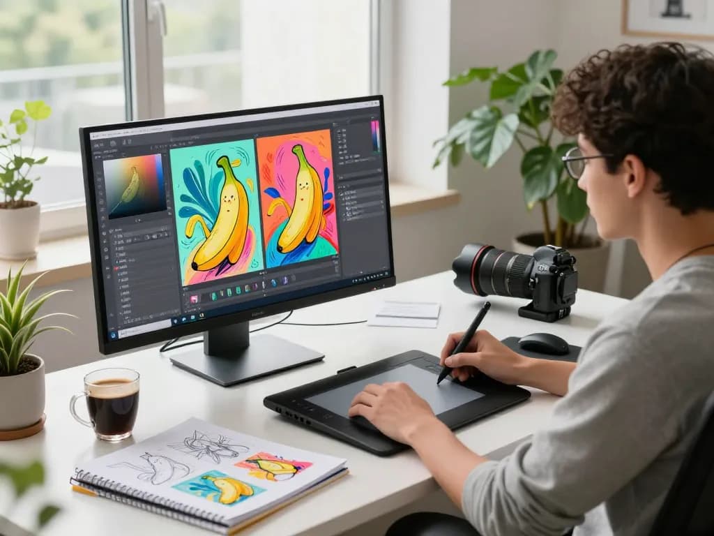 Digital artist using nano banana AI image editor in a modern tech workspace filled with vibrant art.