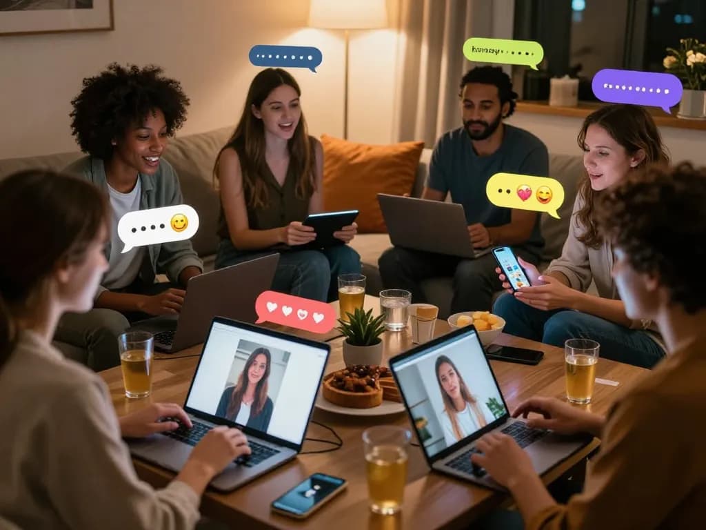 Group of adults enjoying sexchat in a cozy virtual space with glowing devices and joyful expressions.