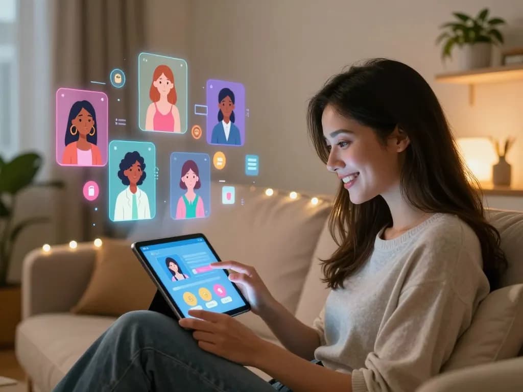 AI girlfriend app user interacting with holographic companions in a cozy environment.