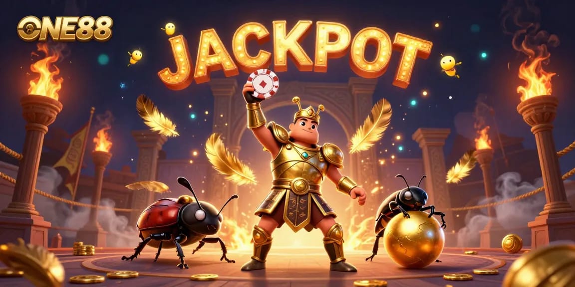 Experience the thrill at ONE88 as golden beetles celebrate the jackpot amidst vibrant casino elements.