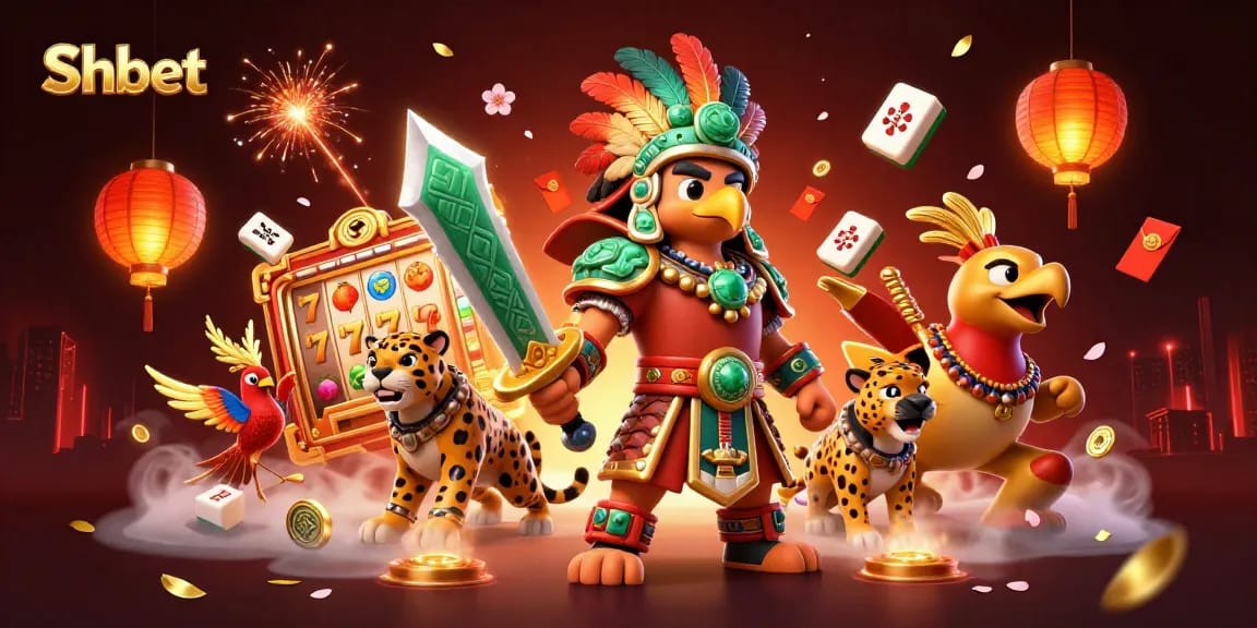 Engage in thrilling gameplay at Shbet with a vibrant casino scene featuring Aztec characters and slot elements.