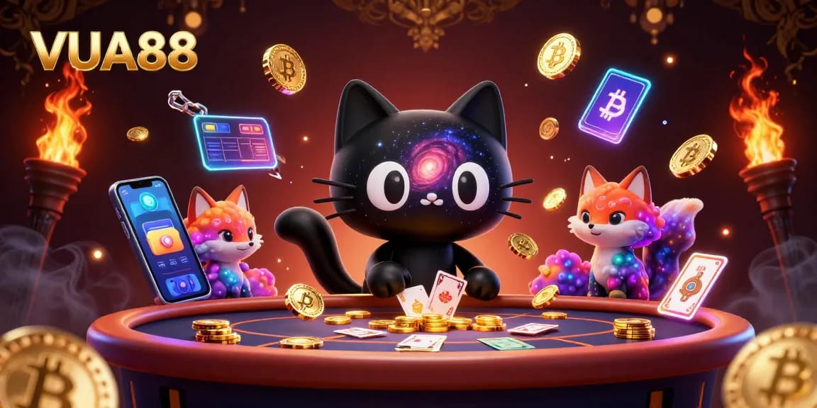 Experience VUA88's cosmic charm as the black hole cat attracts chips and cards in a vibrant casino!