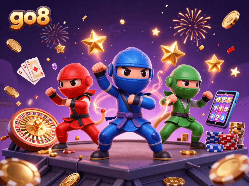 Experience thrilling gameplay at go8 with colorful chameleon ninjas amidst casino elements and rewards.