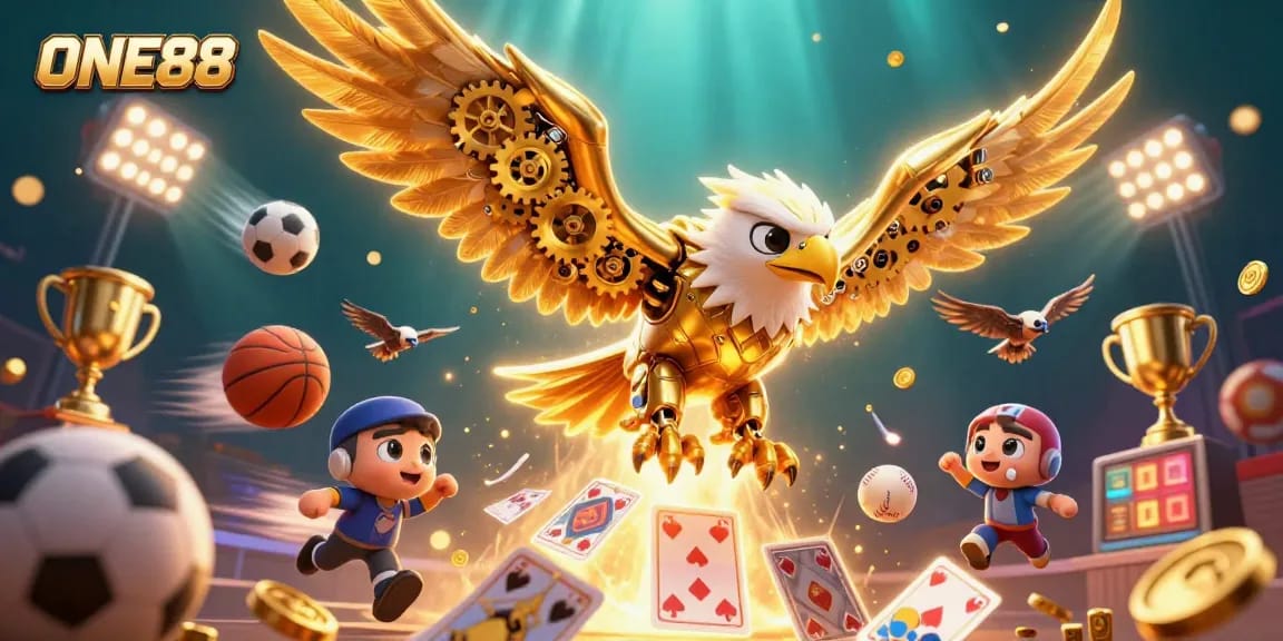 Experience the thrill of betting with ONE88 featuring 3D cybernetic eagle amidst sports action.