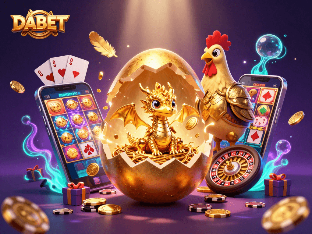 DABET engages players with golden dragon and poker chip nest amidst vibrant casino elements.