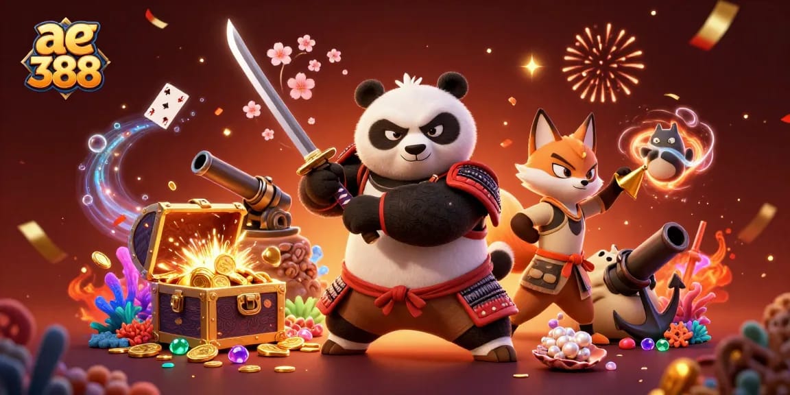 Experience thrilling gameplay at ae 388 with samurai panda, ninja fox, and spirit tanuki in a vibrant casino scene.
