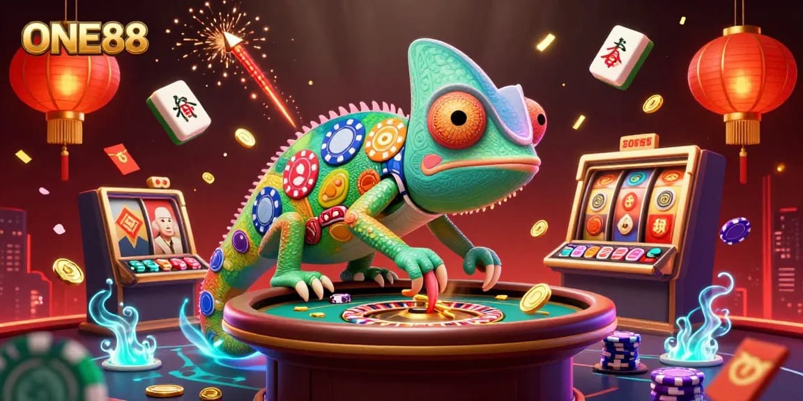 Experience thrilling wins at ONE88 with a vibrant chameleon casino owner amidst lively game elements.