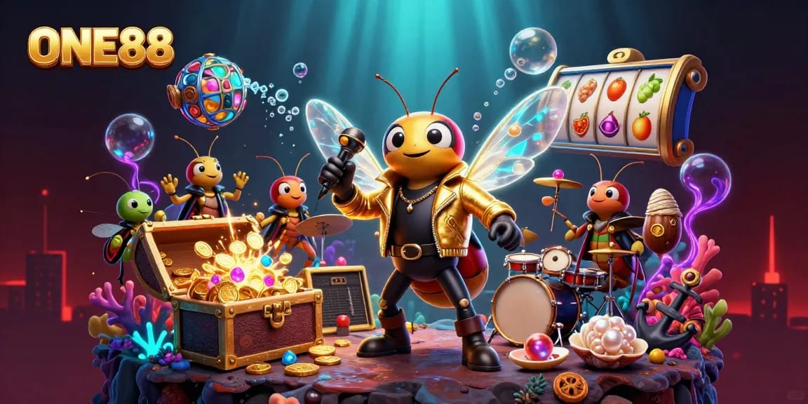 ONE88's exciting scene with rock star cicada and gaming elements, perfect for enthusiasts.