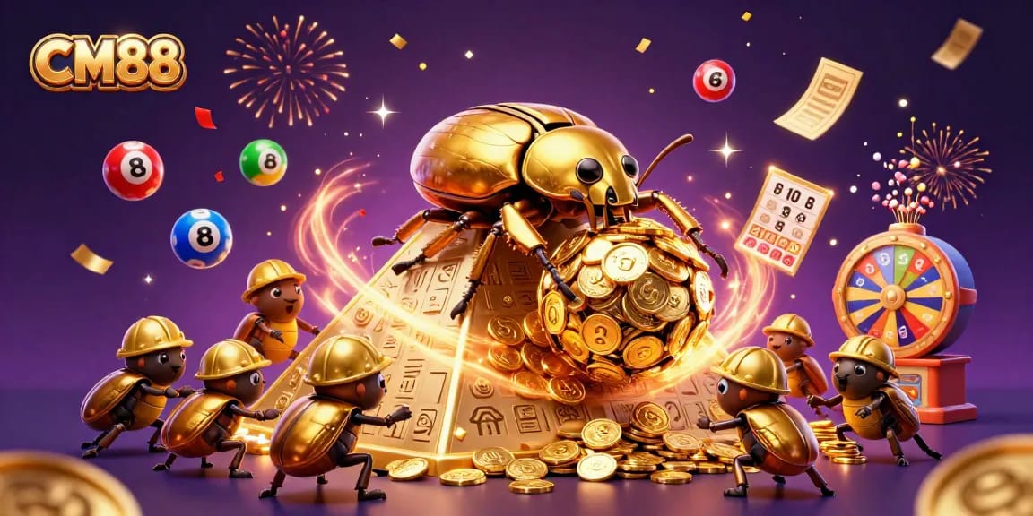 Experience excitement at CM88 with vibrant lottery-themed 3D illustration showcasing casino fun.
