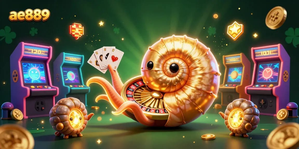 Play exciting casino games at ae889 with a vibrant 3D illustration showcasing a giant nautilus and glowing game elements.