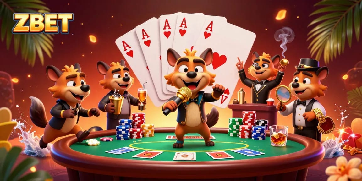 ZBET hyenas creating a vibrant casino atmosphere with comedy, drinks, and security.