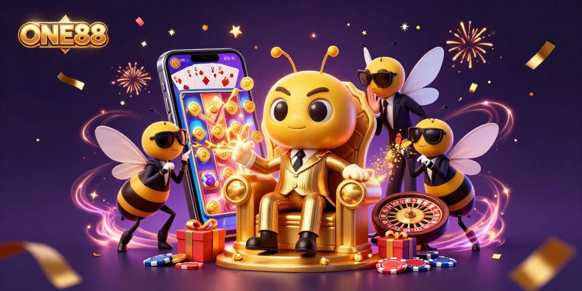 Engage with ONE88's vibrant casino scene featuring slot games, a bumblebee mob boss, and enchanting characters.
