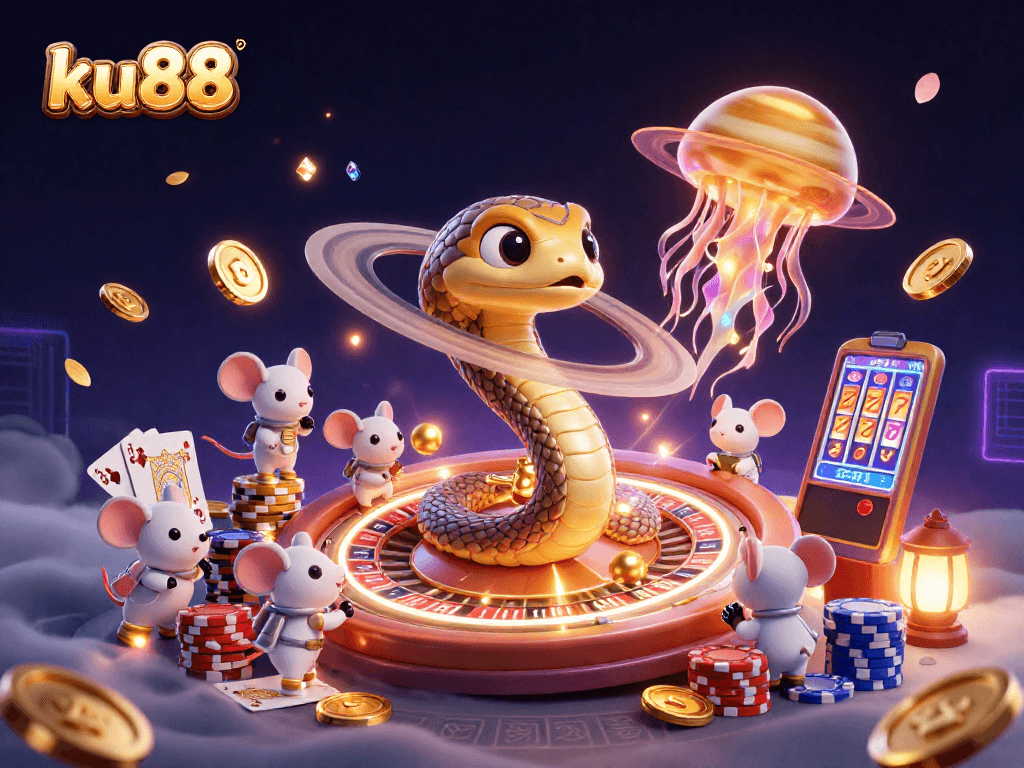 Win big with ku88 in this vibrant 3D casino scene showcasing cosmic gambling action.