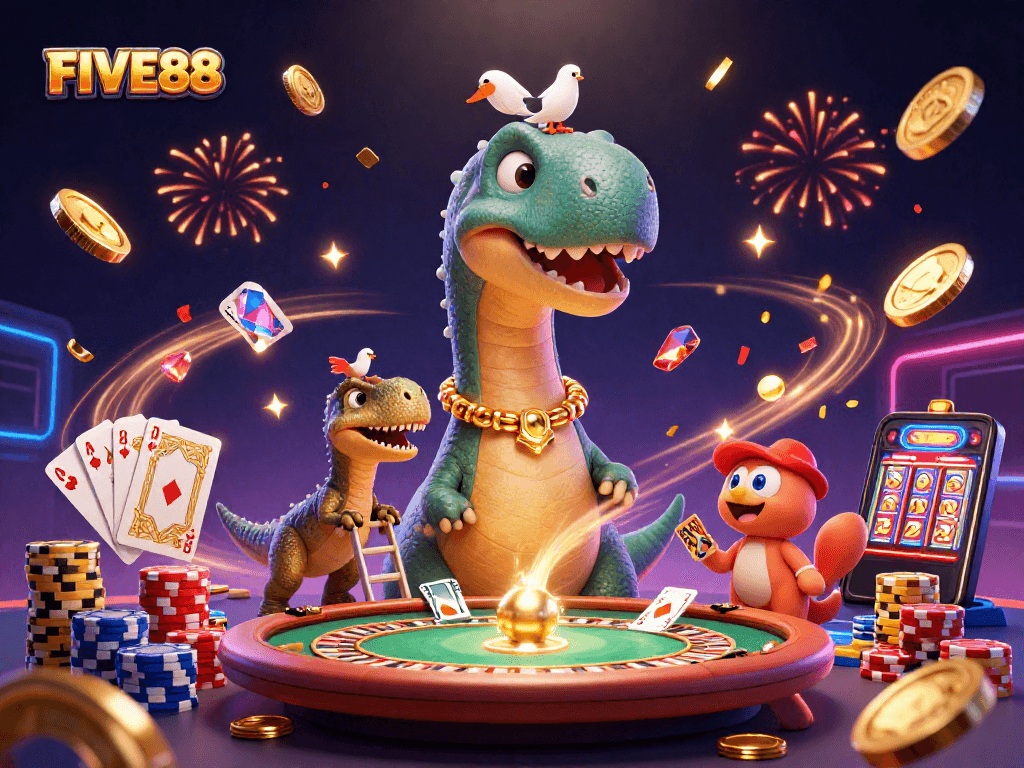 Experience winning at FIVE88 with a dynamic casino scene featuring a towering brontosaurus and vibrant gaming elements.