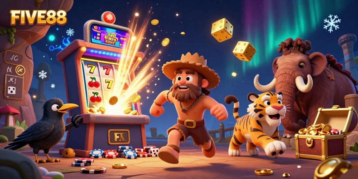 Experience the thrill of FIVE88 with a vibrant prehistoric casino illustration showcasing cavemen, a sabertooth tiger, and a clever crow.