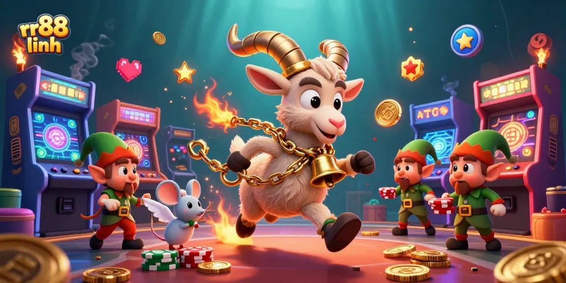 Engage in thrilling gameplay at rr88 linh with festive casino characters, colorful game machines, and vibrant action.