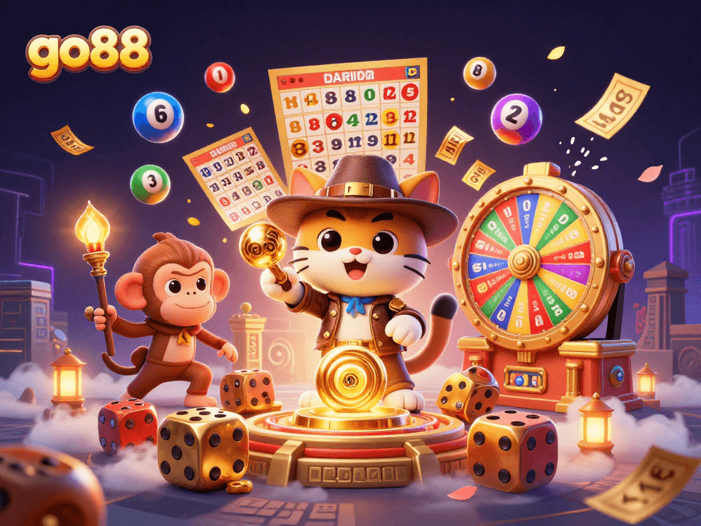 Discover the excitement of go88 with a vibrant scene of casino artifacts and lottery elements.