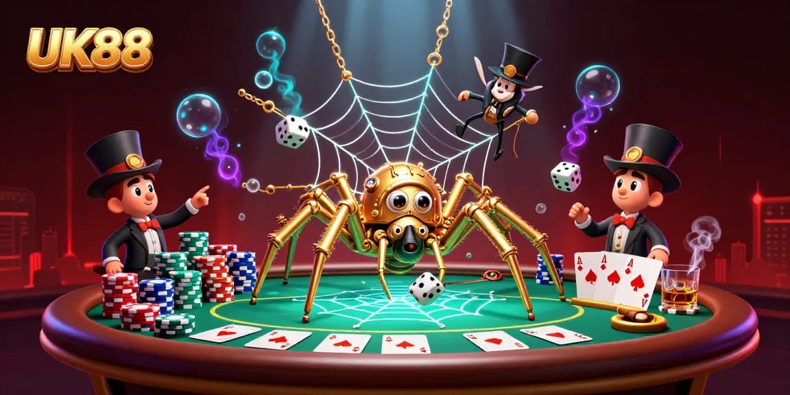 Engage with the thrilling UK88 gaming scene featuring a steampunk spider amid poker excitement.
