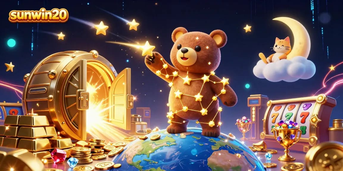 Experience the magic of sunwin20 by scooping coins with a shining constellation bear in this vibrant casino scene.