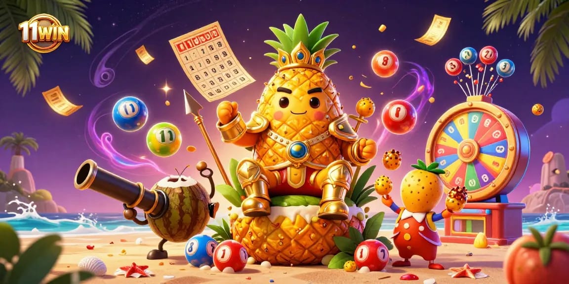 Experience the exciting world of 11WIN with a vibrant illustration showcasing a tropical casino scene loaded with fun gaming elements.