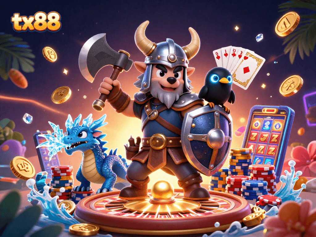 Join the action at tx88 with a Viking wolf warrior and fiery dragon amidst casino treasures.