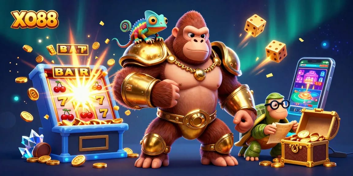 Experience the excitement of XO88's vibrant casino world featuring a gorilla king and wise tortoise.