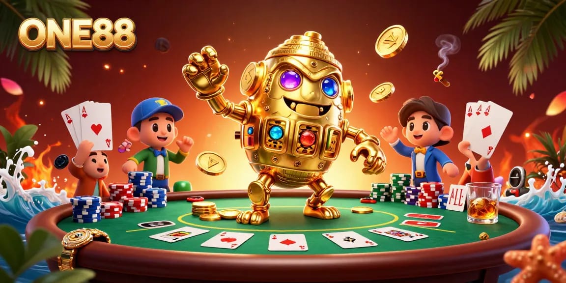 Experience thrilling poker gameplay with ONE88, featuring a golden golem and vibrant casino elements.
