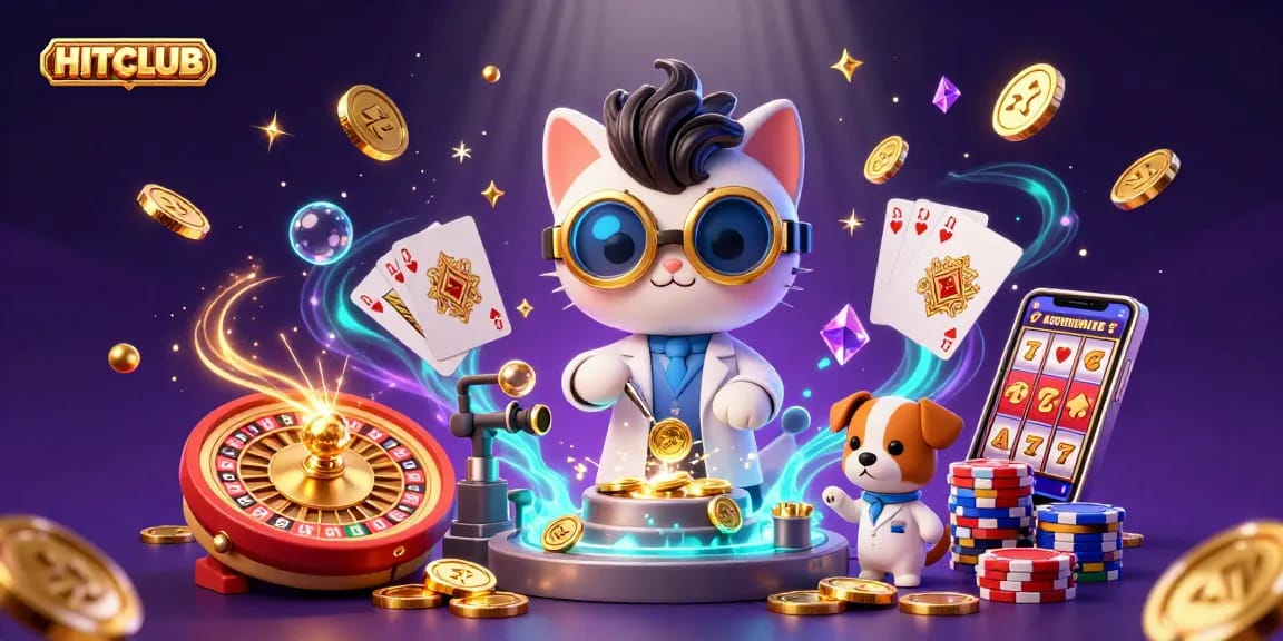 Experience thrilling casino action at HITCLUB with vibrant 3D illustration showcasing slots and roulette.