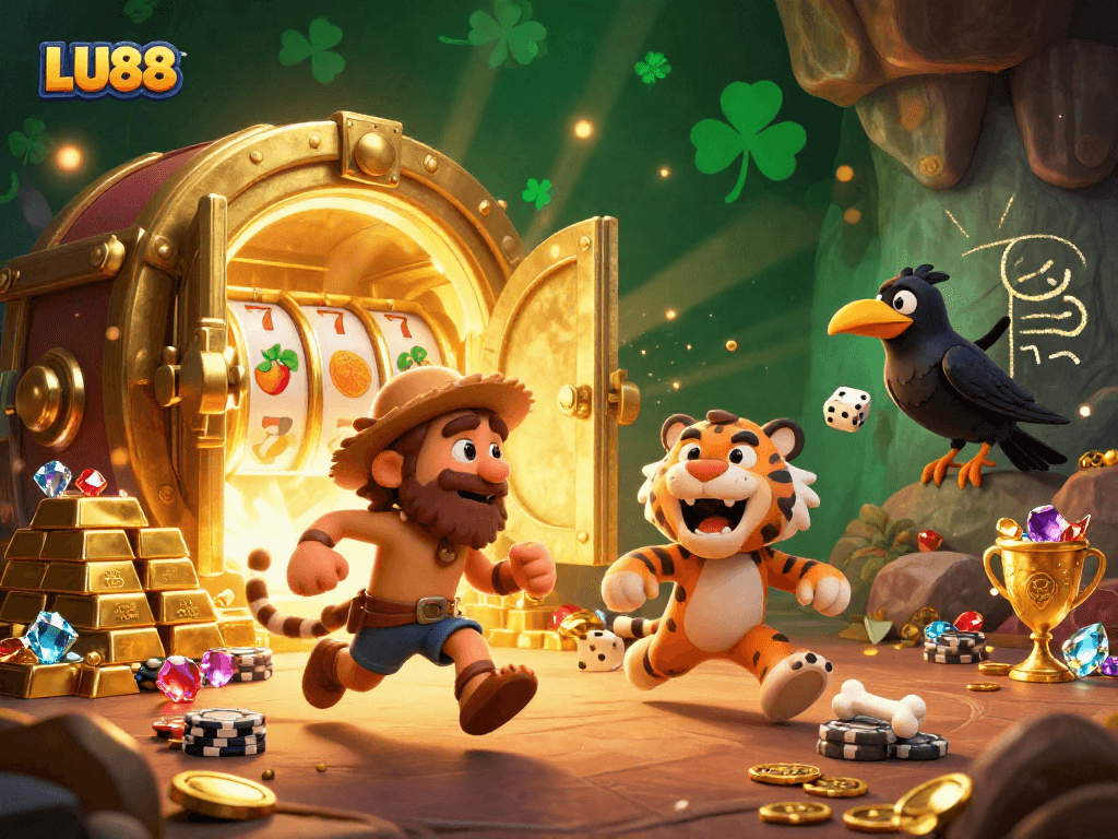 Experience thrilling slots action at LU88 with a caveman and sabertooth in a rich 3D casino scene.