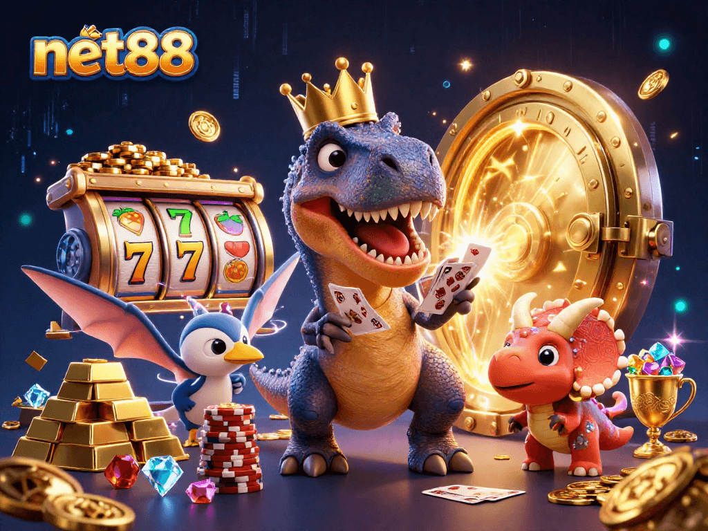 Join the fun at net88: Friendly dinosaur characters enjoying vibrant slot games with rich treasures.