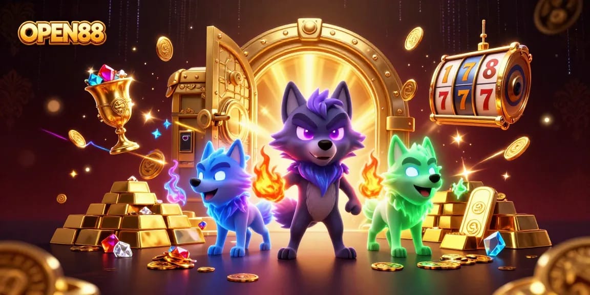 Experience the excitement of OPEN88 with a captivating casino-themed illustration featuring a shadow wolf and treasures.
