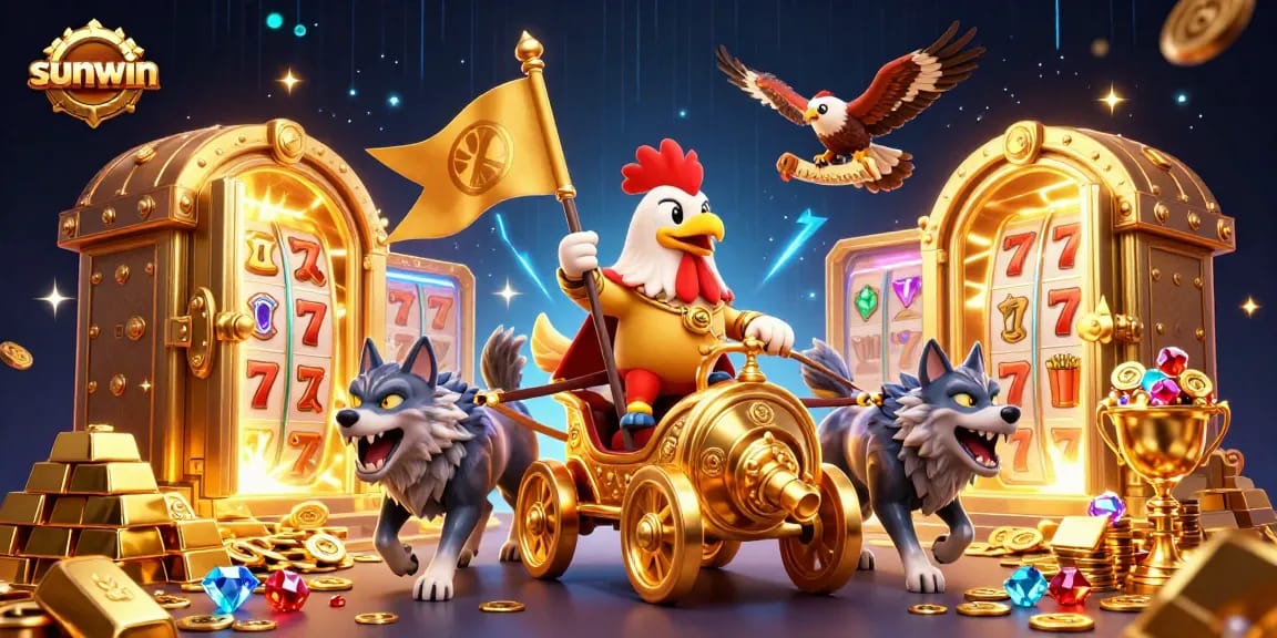 Experience the excitement of sunwin with a 3D cartoon rooster warlord and slot game elements.