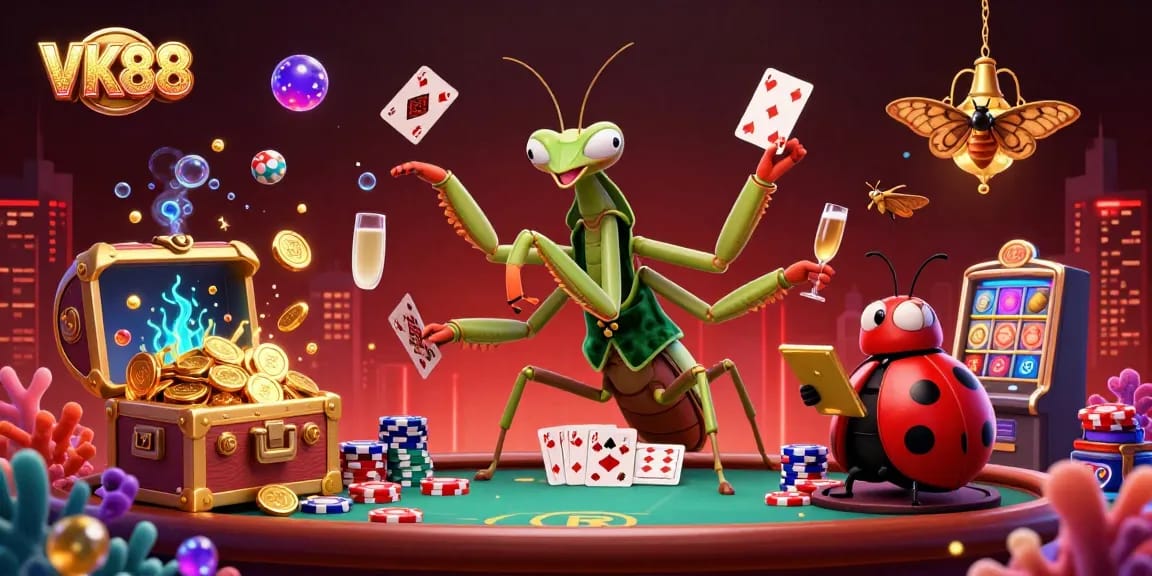 Engage with VK88's vibrant casino scene featuring playful characters and lively gaming elements.
