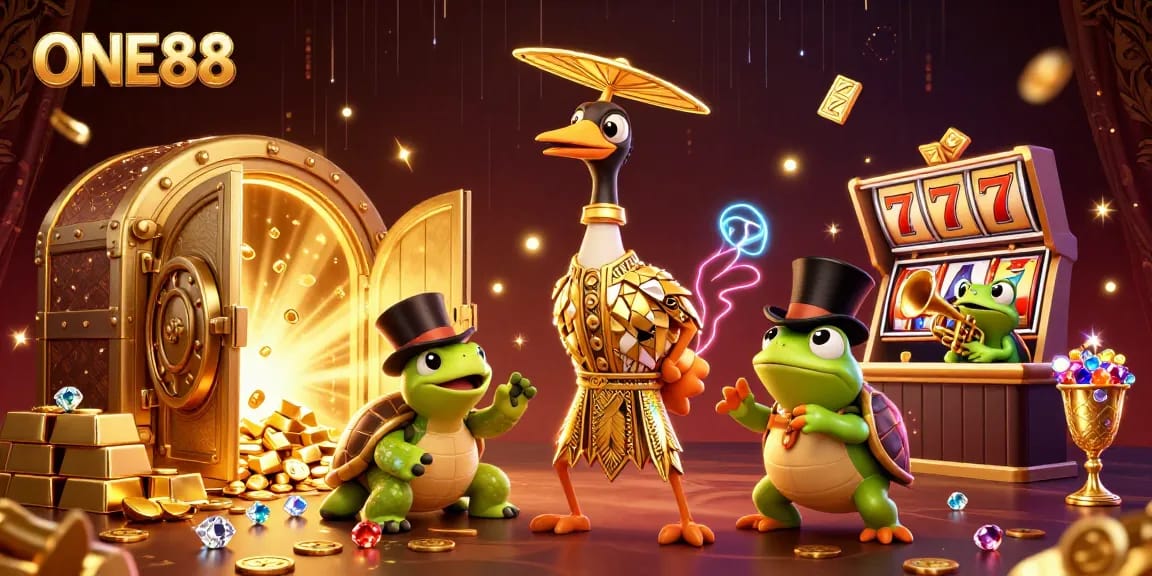 Engage with ONE88's vibrant slots atmosphere featuring dynamic casino characters and treasures.