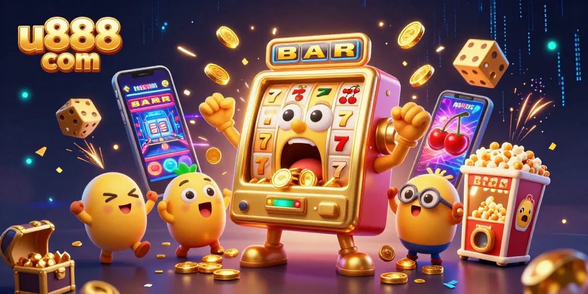 Experience the excitement of u888 com as golden slot machines celebrate jackpots amidst vibrant casino elements.