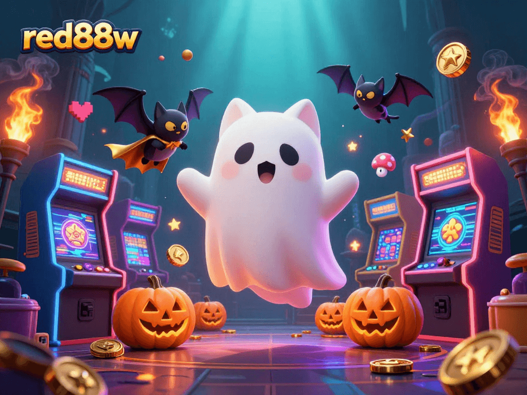 Play slots at red88w with glowing characters in a dynamic haunted casino scene.