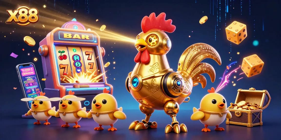 x88 game vibrantly showcases a golden rooster robot winning big at diverse slot elements.