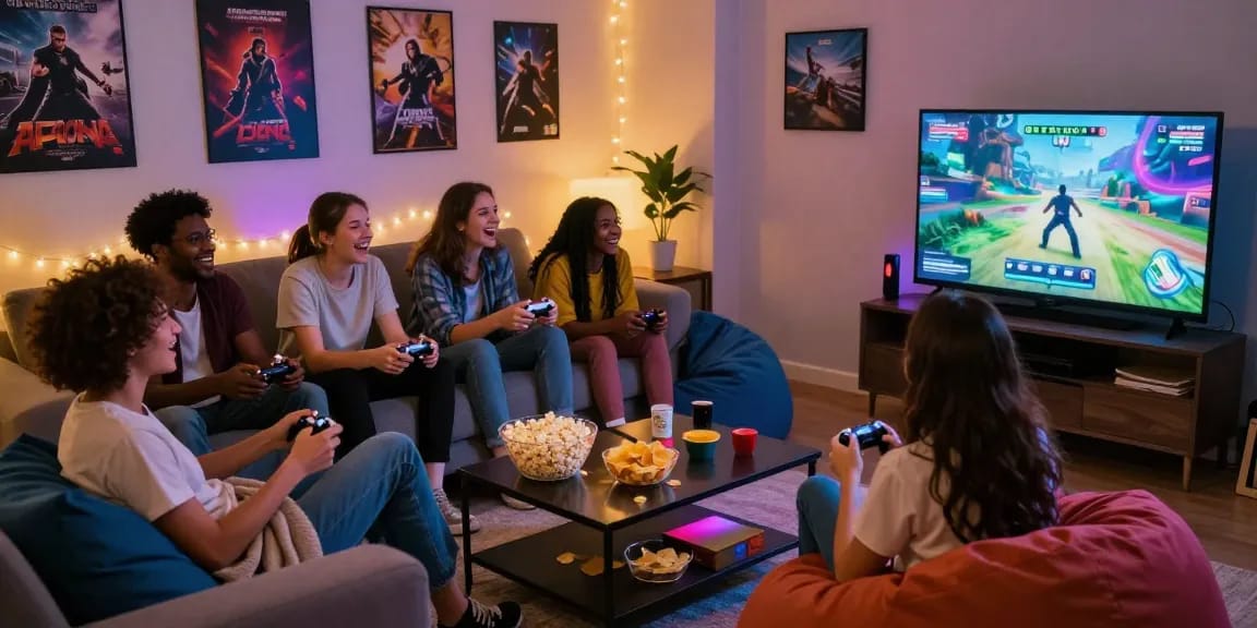 Group of friends enjoying porn games in a cozy living room gaming session.