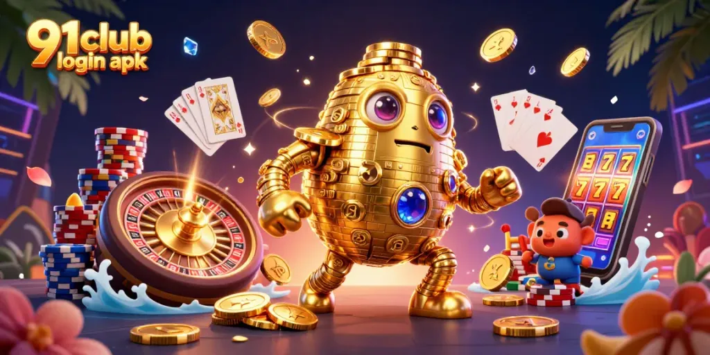 Play exciting games with 91 club login apk featuring a dynamic scene filled with gold and gems.