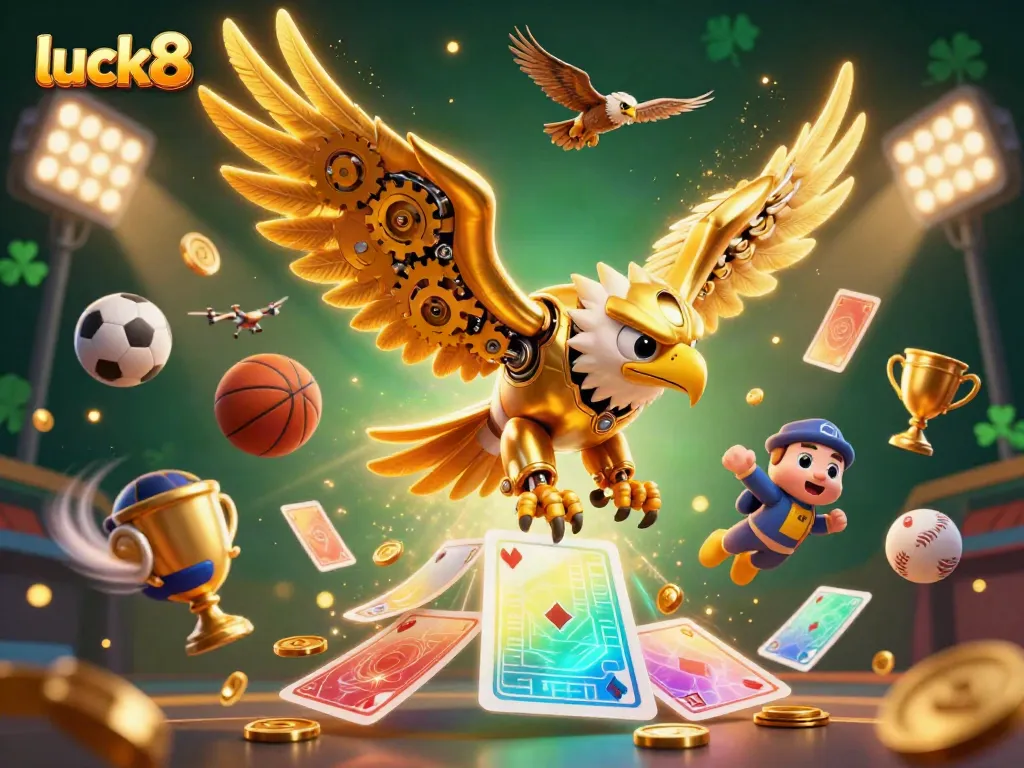 Experience thrilling gameplay with luck8 in an action-packed 3D illustration featuring a mechanical golden eagle.