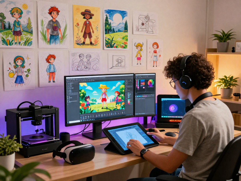 Dynamic digital art studio showcasing vibrant creativity with 18+ ai technologies in action.