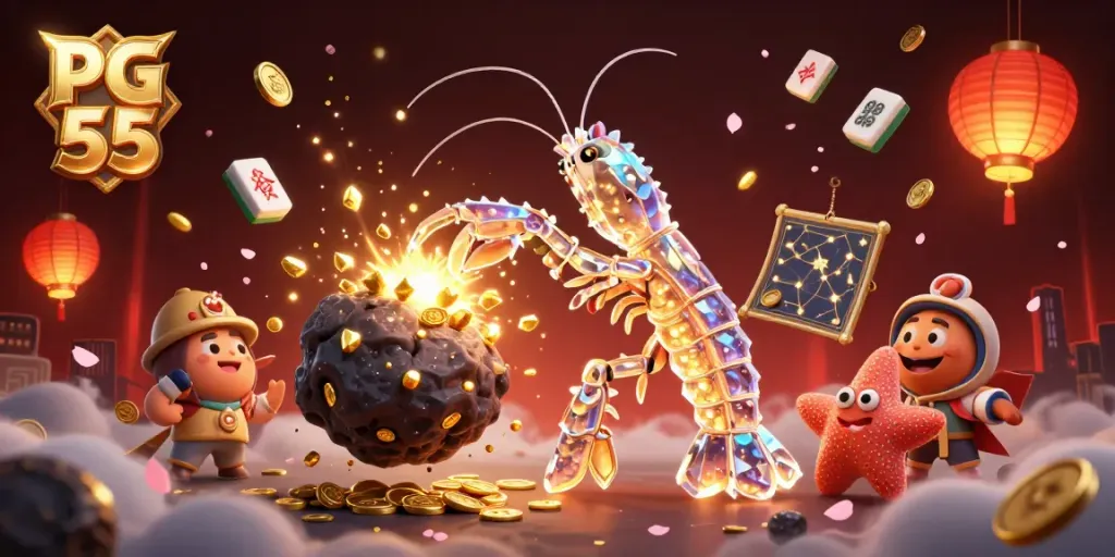 Experience thrilling gameplay at PG 55 with a splendorous illustration of galactic samurai and treasures.