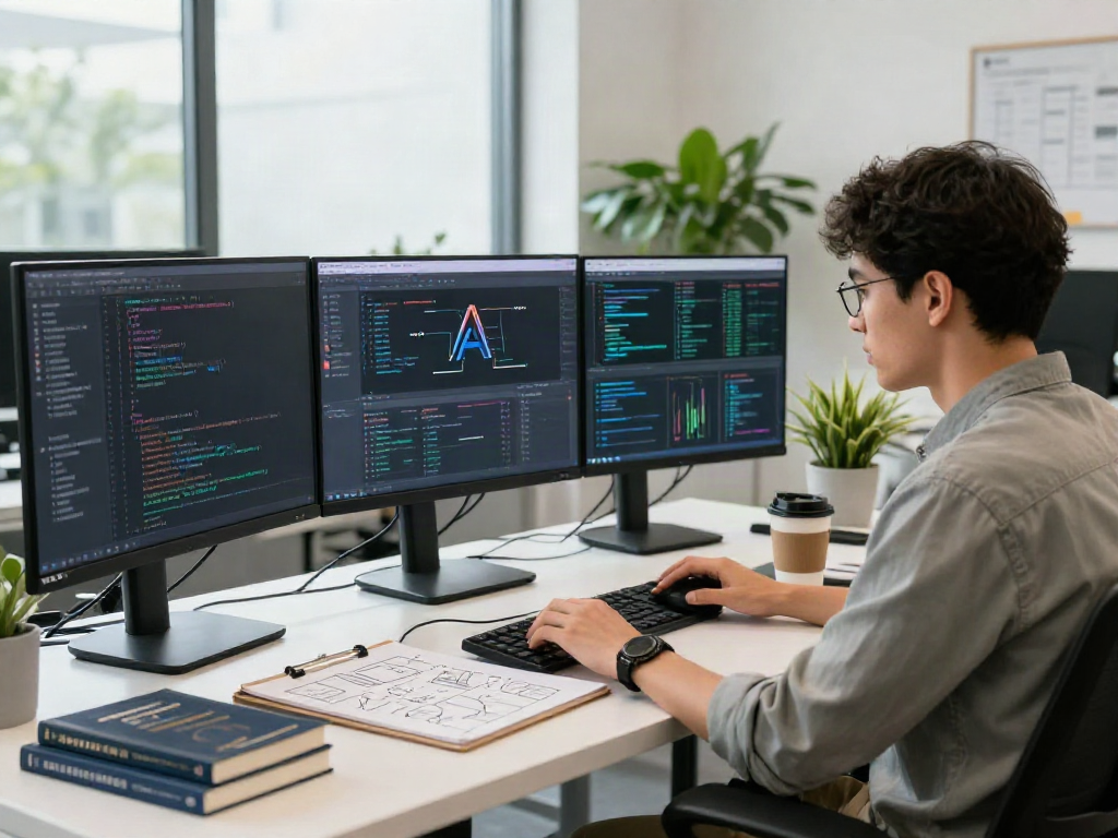 18+ ai technology workspace featuring a developer analyzing AI algorithms in a modern office.