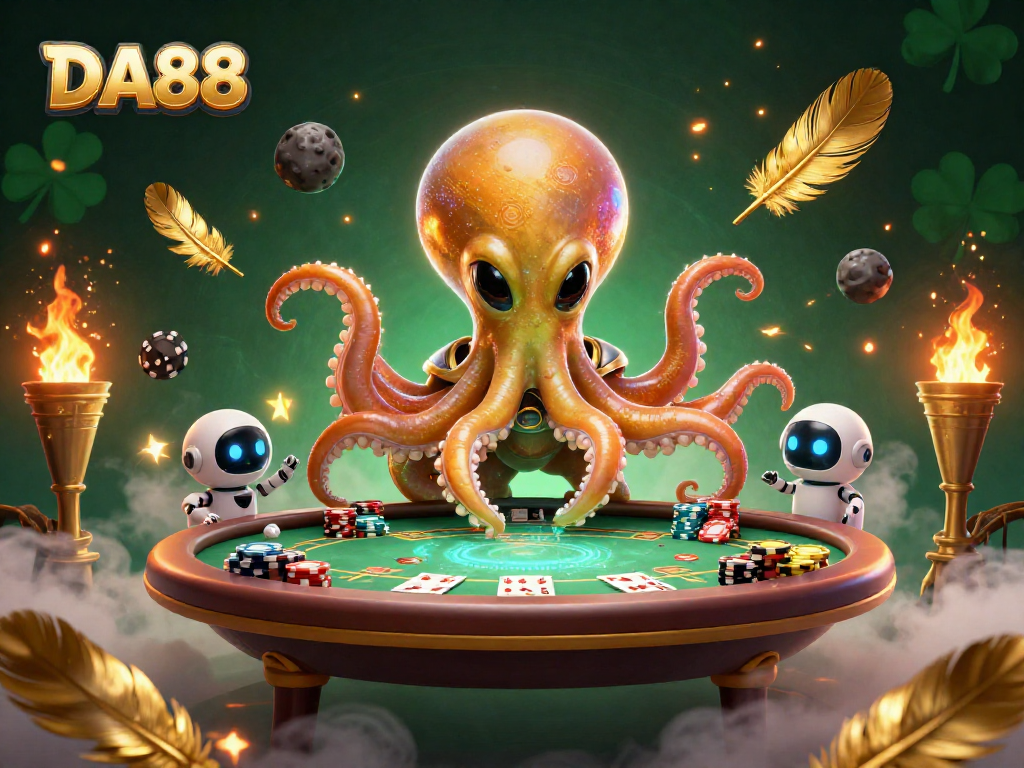 Engage with DA88 as a vibrant alien octopus hosts a holographic poker game with dynamic elements.