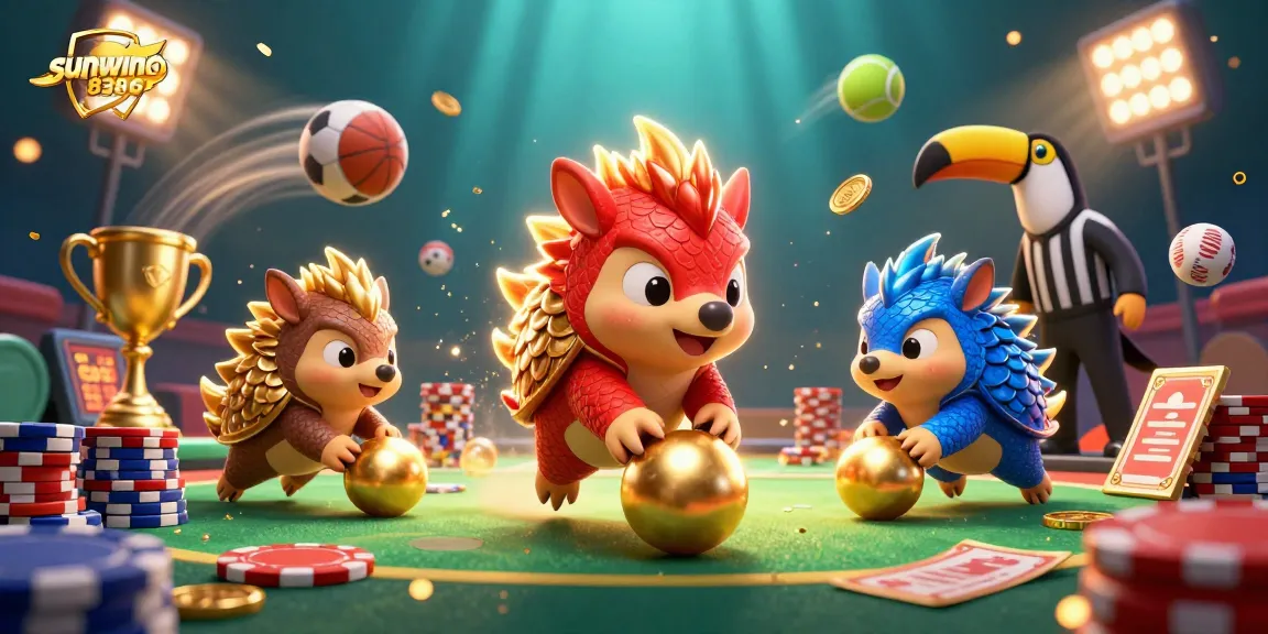 Engaging scene with sunwin8386 pangolins bowling golden balls among poker chips.