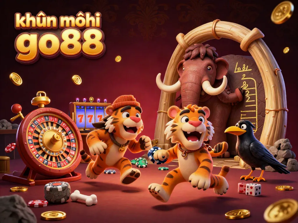 Experience the excitement of khuyến mãi go88 with a lively prehistoric casino scene featuring dynamic characters and game elements.