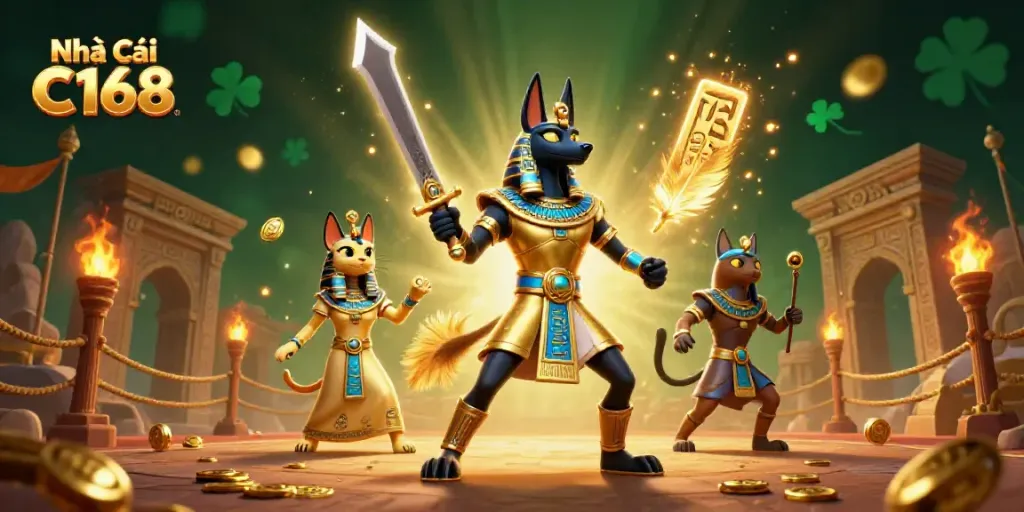 Engage in thrilling gameplay at Nhà Cái C168 with a vibrant 3D illustration showcasing Anubis and Bastet amidst a dynamic casino atmosphere.