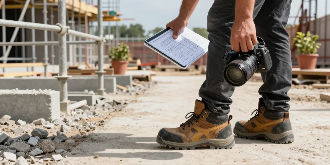 Worker in Diadora safety shoes inspecting a construction site with a tablet and safety helmet.